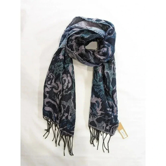 Steve Madden Rose Jacquard Scarf Blue Multi with Fringe Details (MSRP $42) - Picture 3 of 5
